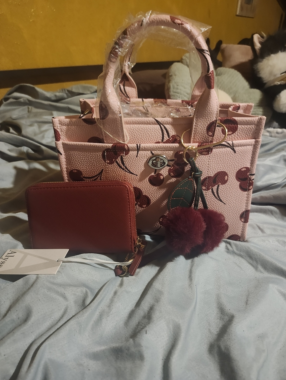 Cherry Print Pink Tote Bag with Burgundy Pom Pom Charm